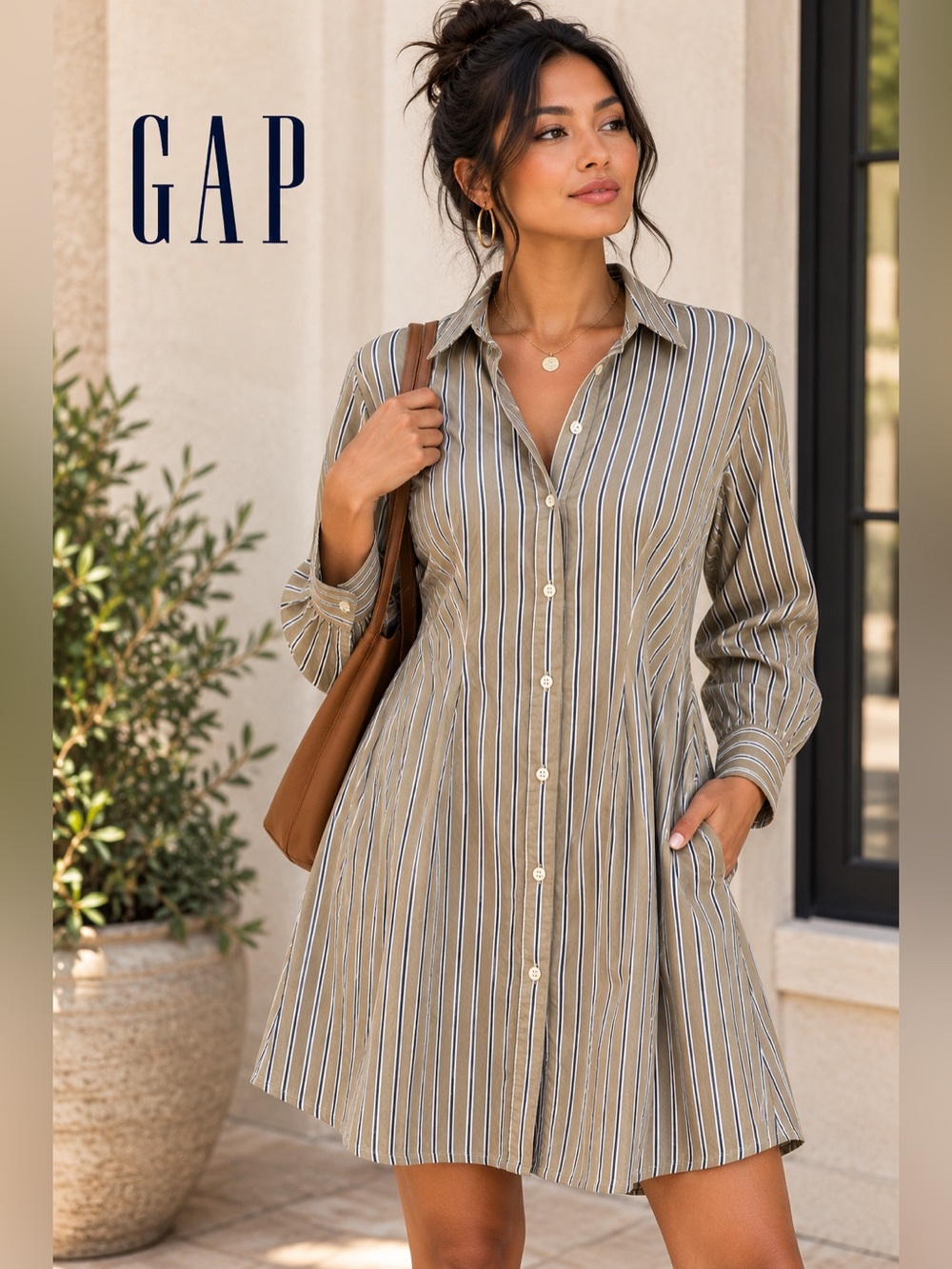 GAP Women's Cotton Striped Button Front Oversized Shirt Dress Tan XS Petite NWOT